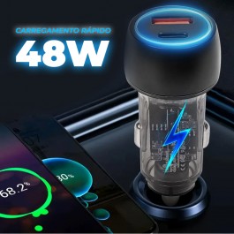 Carregador Rápido 48W para Isqueiro de Carro - USB e Type-C